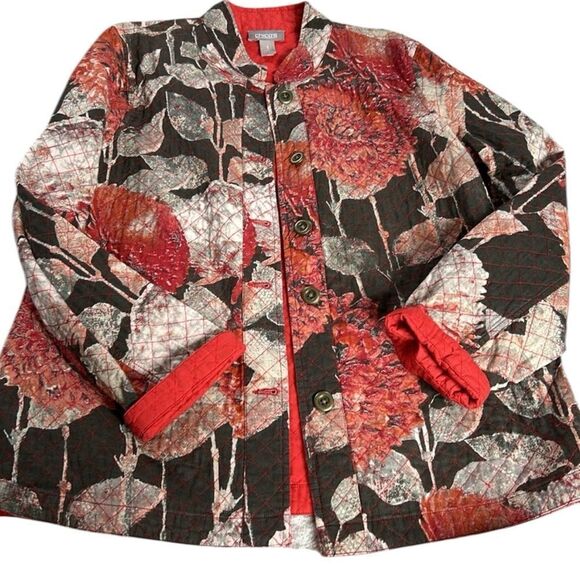 Chico's  Floral lightly quilted Jacket - Red and Brown size Chico’s one/Medium - Picture 2 of 9